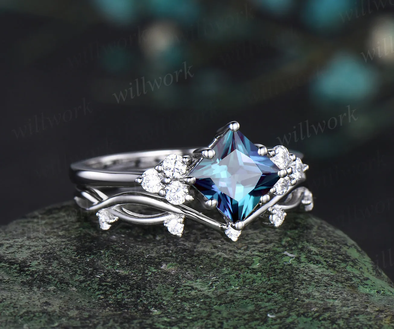 Princess cut alexandrite engagement ring set white gold 8 prong dainty Minimalist diamond ring women infinity anniversary gift sold by Willwork Jewelry product image thumbnail 2