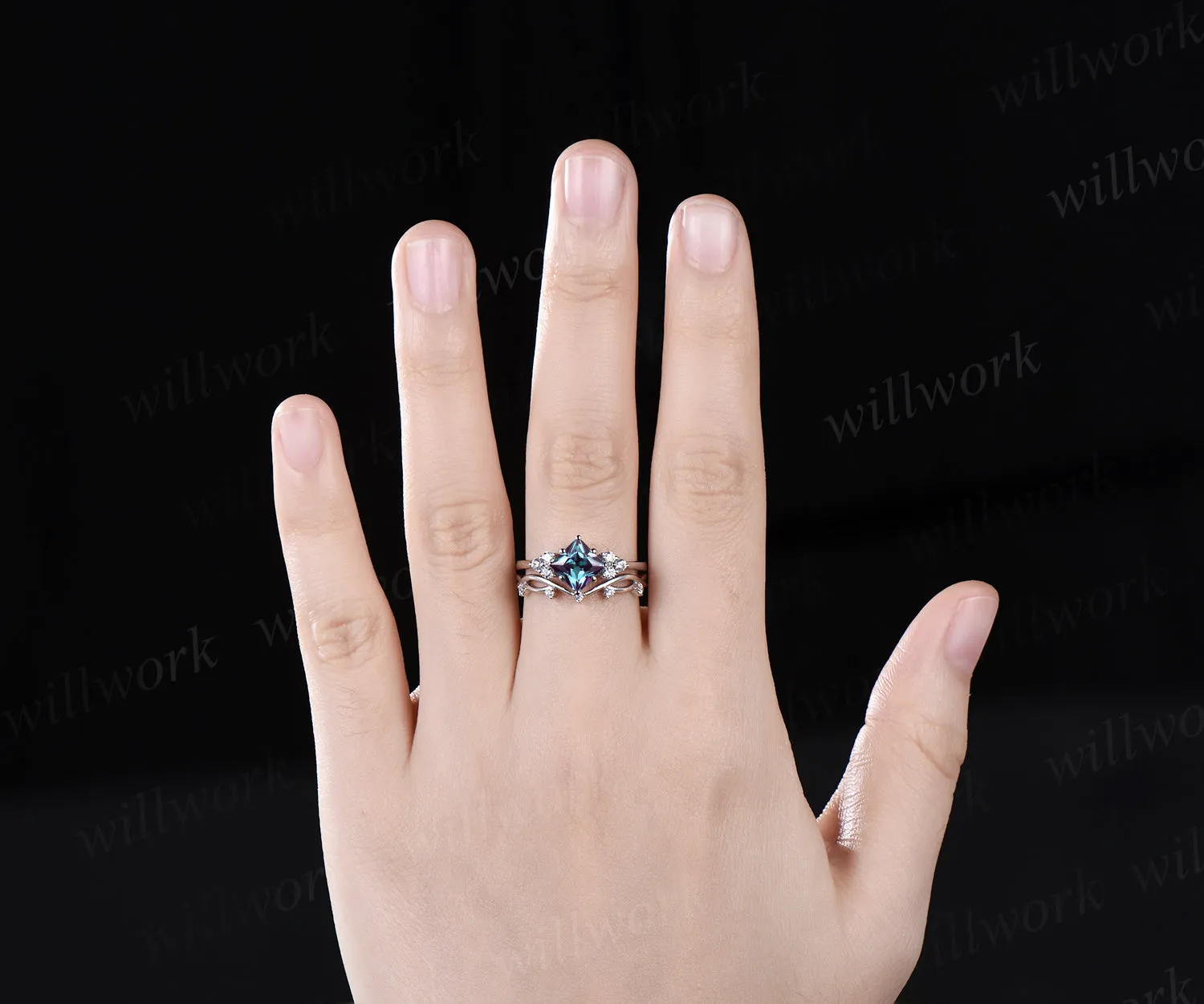 Princess cut alexandrite engagement ring set white gold 8 prong dainty Minimalist diamond ring women infinity anniversary gift sold by Willwork Jewelry product image thumbnail 3