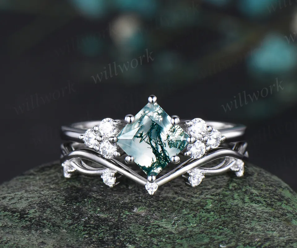 Princess cut green moss agate engagement ring set white gold 8 prong dainty Minimalist diamond ring women infinity anniversary gift sold by Willwork Jewelry
