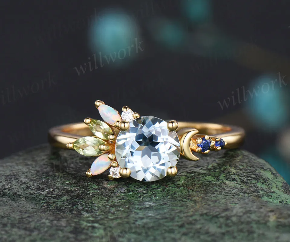 Round cut aquamarine ring yellow gold cluster opal ring women peridot sapphire moon ring dainty engagement ring gift sold by Willwork Jewelry
