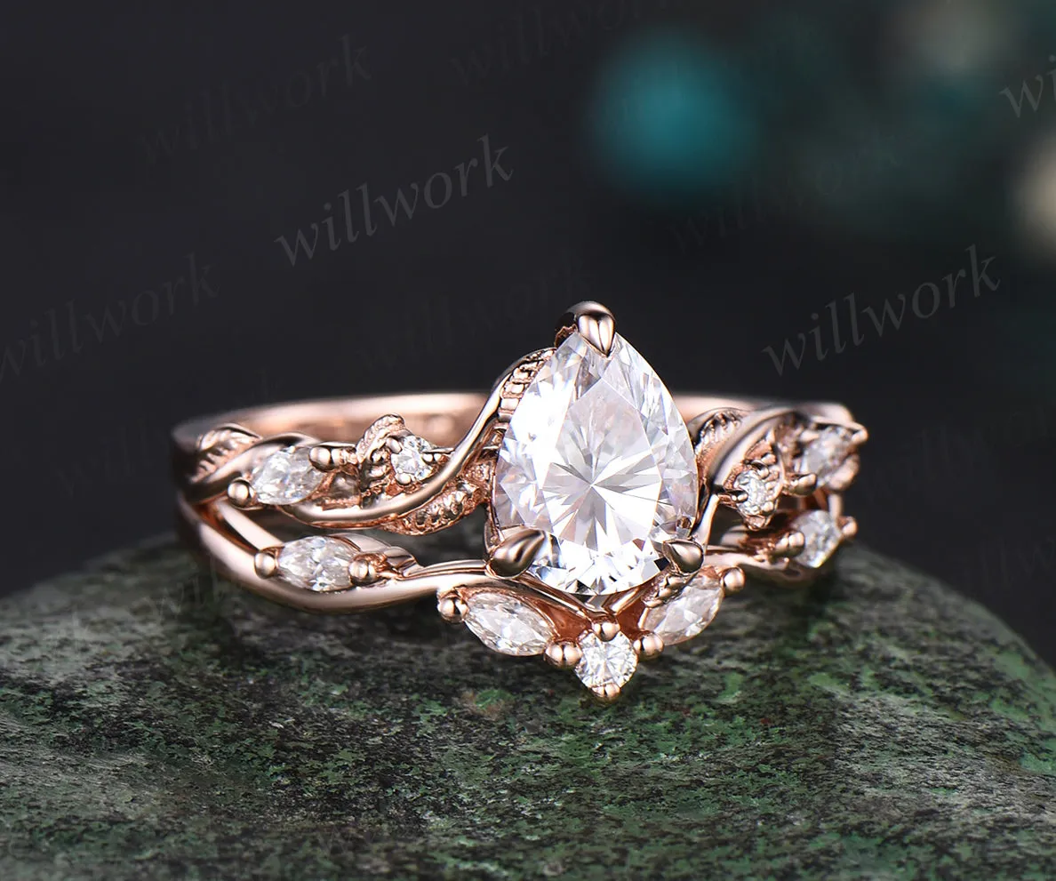 Pear moissanite Engagement Ring Set vintage rose gold Twist Leaf Vine diamond Ring Nature Inspired Branch promise Bridal ring Set women sold by Willwork Jewelry product image thumbnail 2
