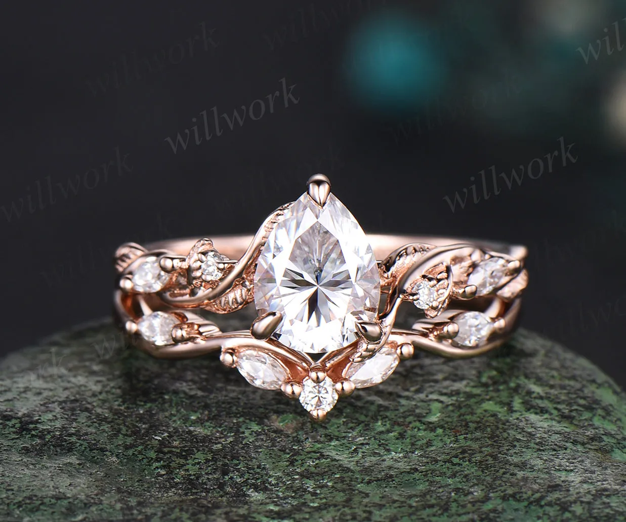 Pear moissanite Engagement Ring Set vintage rose gold Twist Leaf Vine diamond Ring Nature Inspired Branch promise Bridal ring Set women sold by Willwork Jewelry