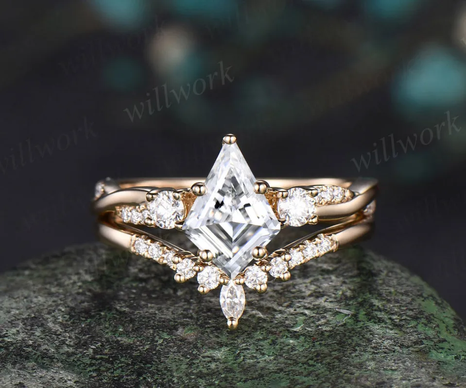 Kite cut moissanite engagement ring set vintage yellow gold twisted infinity stacking diamond bridal promise ring women sold by Willwork Jewelry
