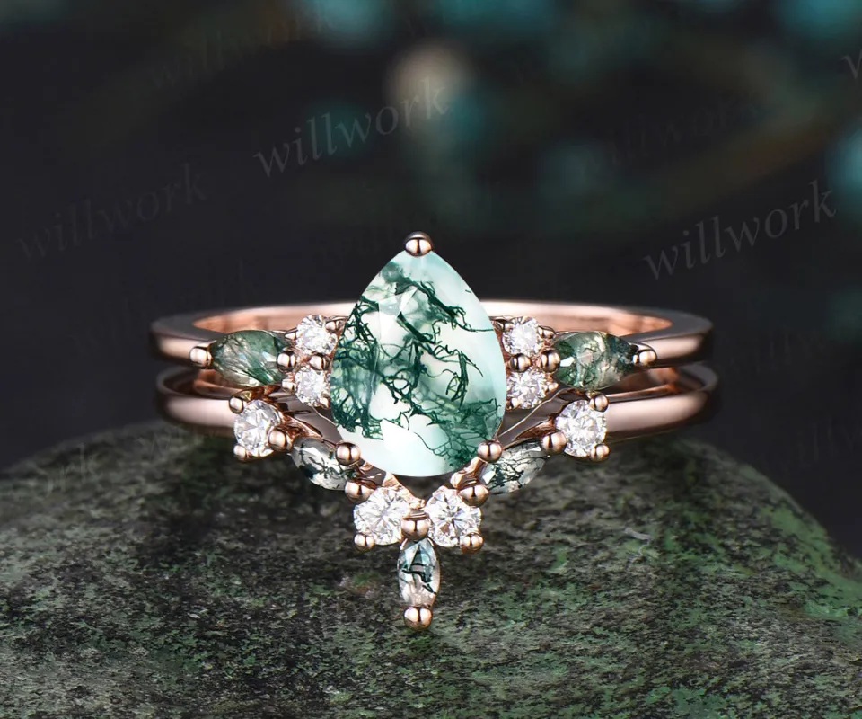 Pear cut moss agate engagement ring set vintage rose gold dainty diamond ring women unique wedding bridal ring set jewelry sold by Willwork Jewelry