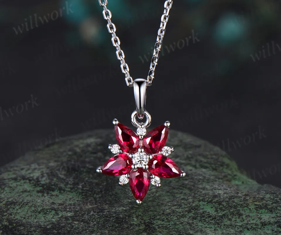 Unique pear red ruby necklace white gold cluster dainty snowdrift diamond pendant women July birthstone anniversary gift made by Willwork Jewelry