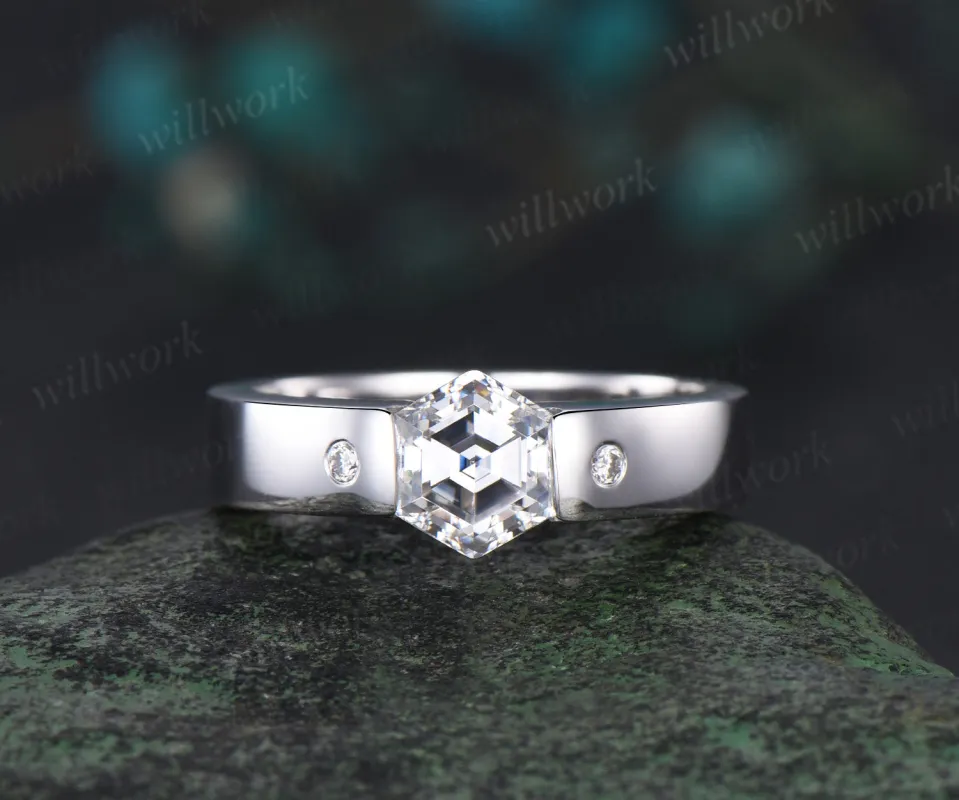 Hexagon cut moissanite wedding band men three stone diamond mens wedding ring band unique engagement anniversary gift sold by Willwork Jewelry