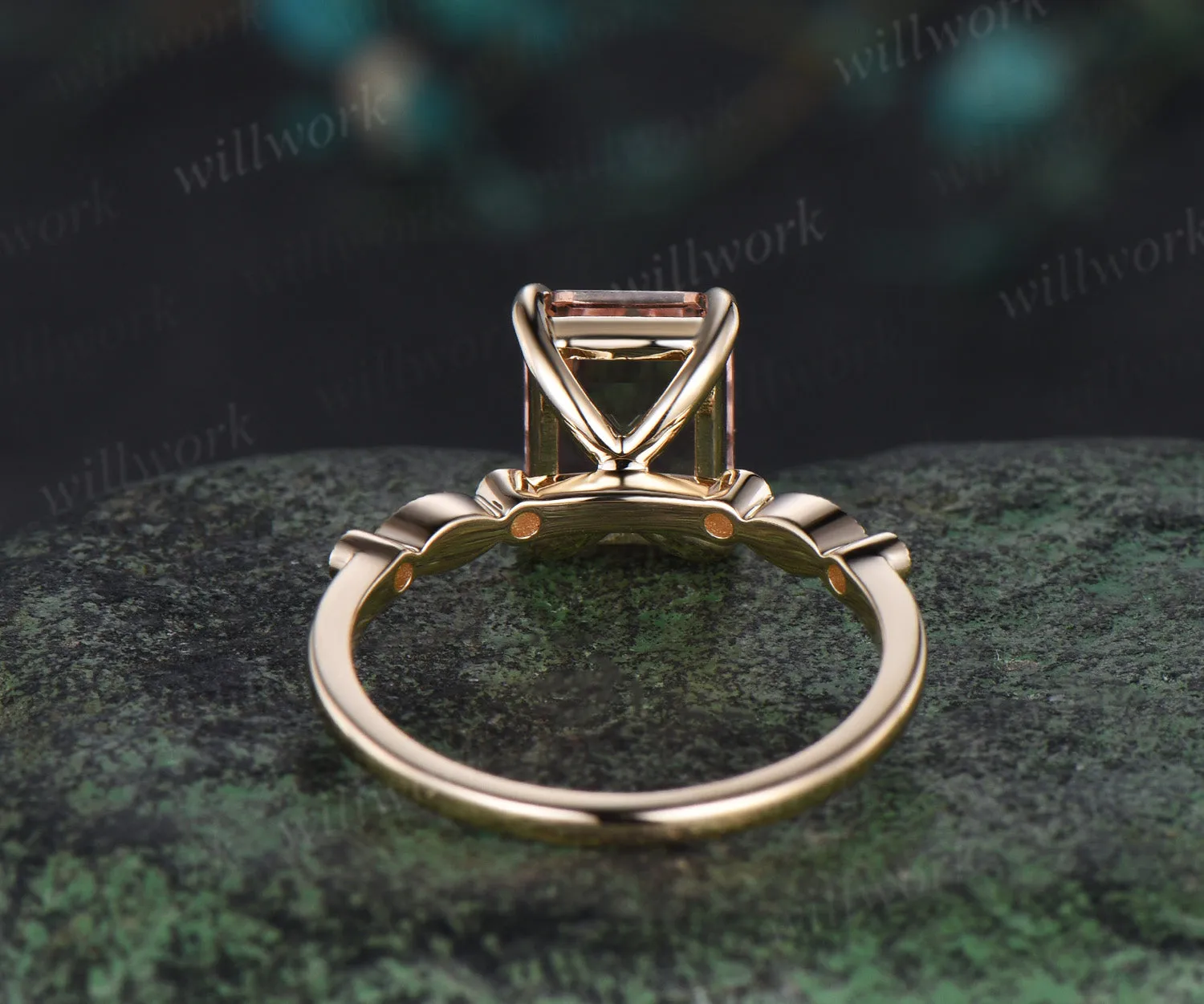 Emerald cut morganite ring vintage yellow gold Milgrain unique engagement ring half eternity diamond wedding promise ring women sold by Willwork Jewelry product image thumbnail 4