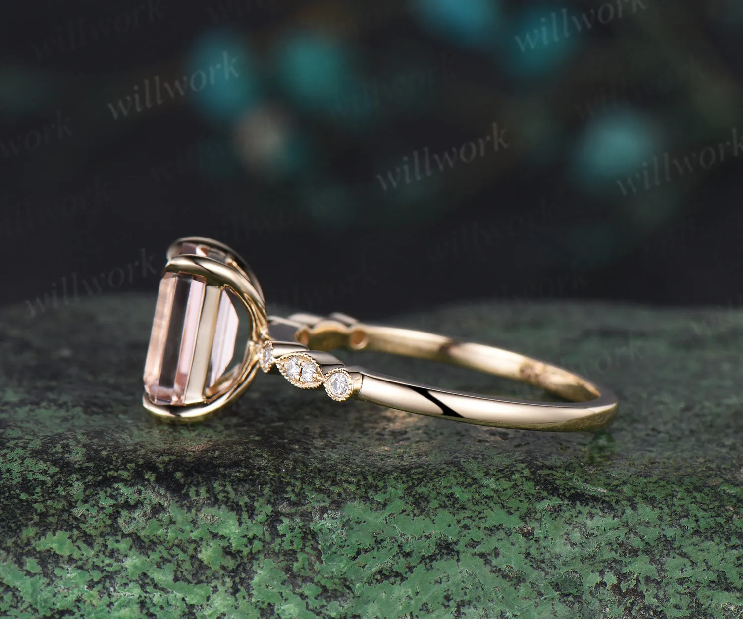 Emerald cut morganite ring vintage yellow gold Milgrain unique engagement ring half eternity diamond wedding promise ring women sold by Willwork Jewelry product image thumbnail 5