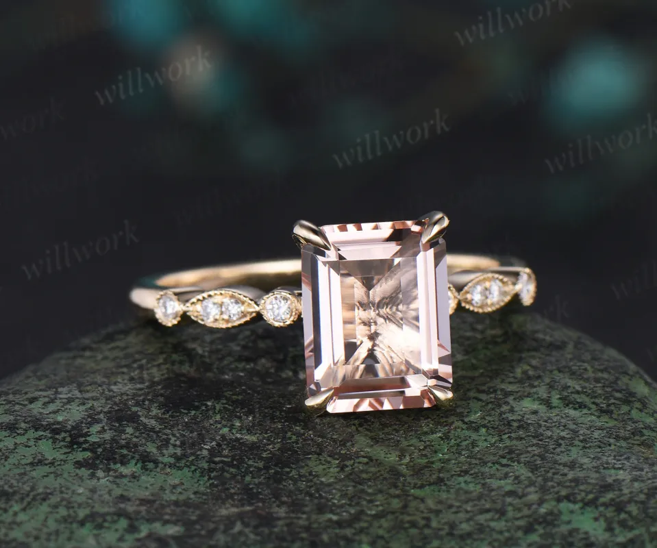 Emerald cut morganite ring vintage yellow gold Milgrain unique engagement ring half eternity diamond wedding promise ring women made by Willwork Jewelry