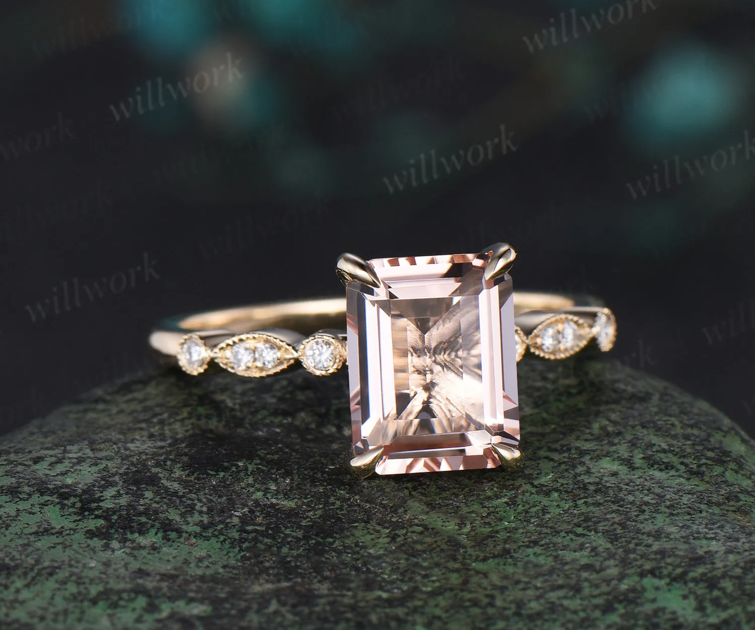 Emerald cut morganite ring vintage yellow gold Milgrain unique engagement ring half eternity diamond wedding promise ring women sold by Willwork Jewelry