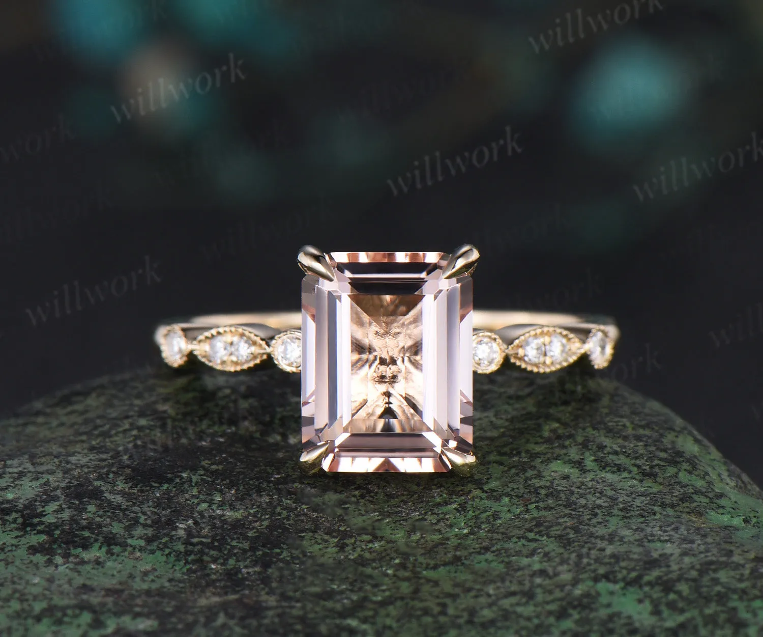 Emerald cut morganite ring vintage yellow gold Milgrain unique engagement ring half eternity diamond wedding promise ring women sold by Willwork Jewelry product image thumbnail 2