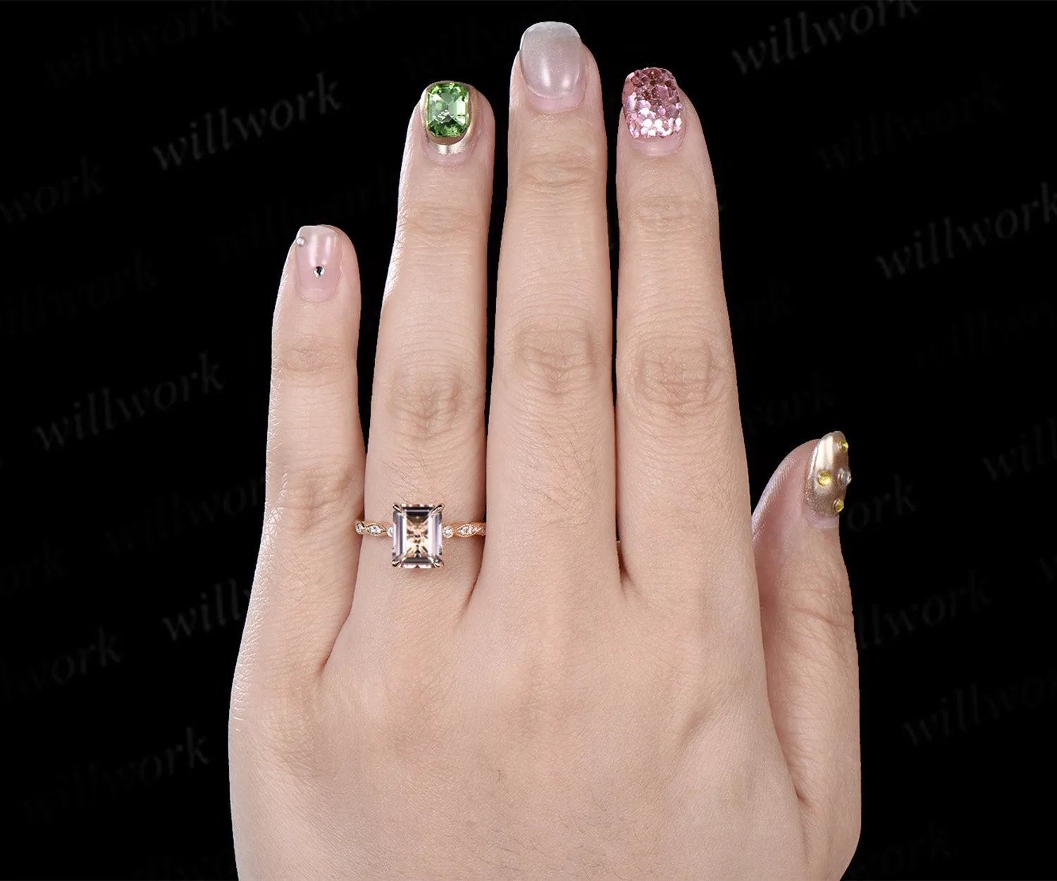 Emerald cut morganite ring vintage yellow gold Milgrain unique engagement ring half eternity diamond wedding promise ring women sold by Willwork Jewelry product image thumbnail 3