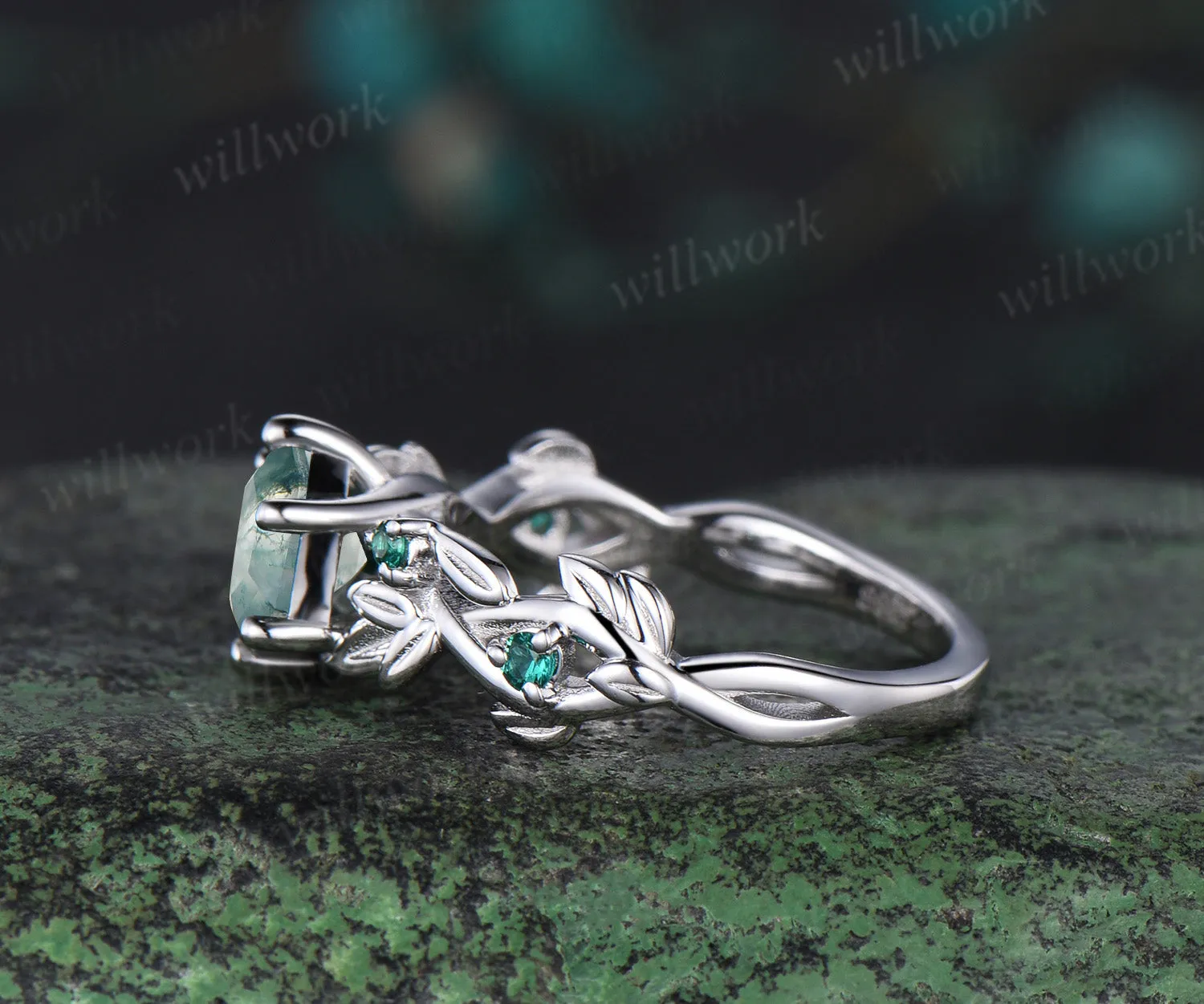 Hexagon cut moss agate ring vintage white gold leaf 6 prong engagement ring five stone emerald ring women retro anniversary gift sold by Willwork Jewelry product image thumbnail 4
