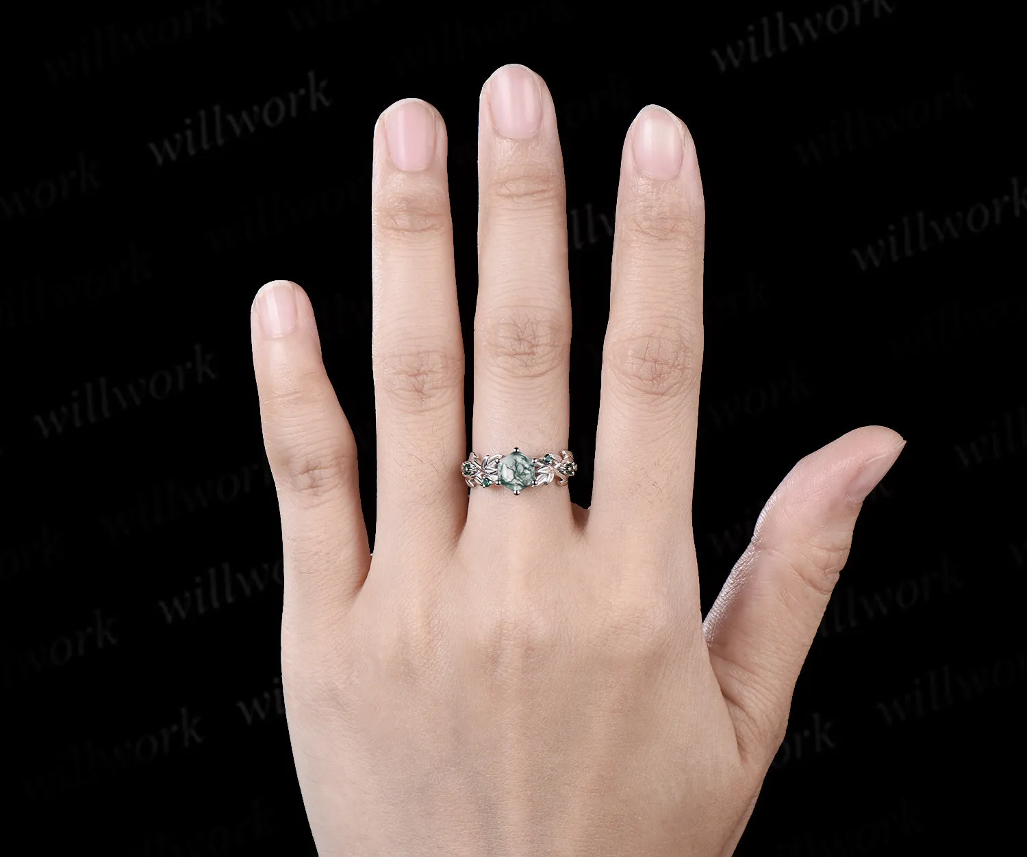 Hexagon cut moss agate ring vintage white gold leaf 6 prong engagement ring five stone emerald ring women retro anniversary gift sold by Willwork Jewelry product image thumbnail 2