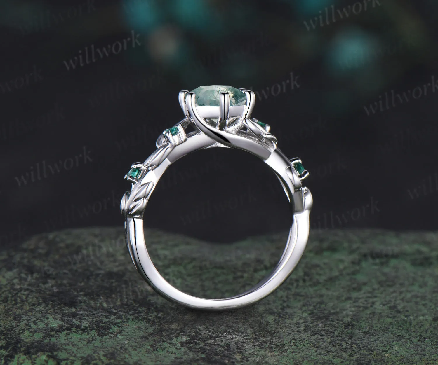 Hexagon cut moss agate ring vintage white gold leaf 6 prong engagement ring five stone emerald ring women retro anniversary gift sold by Willwork Jewelry product image thumbnail 5