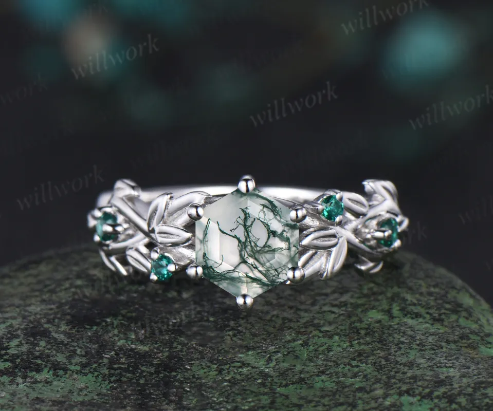 Hexagon cut moss agate ring vintage white gold leaf 6 prong engagement ring five stone emerald ring women retro anniversary gift sold by Willwork Jewelry