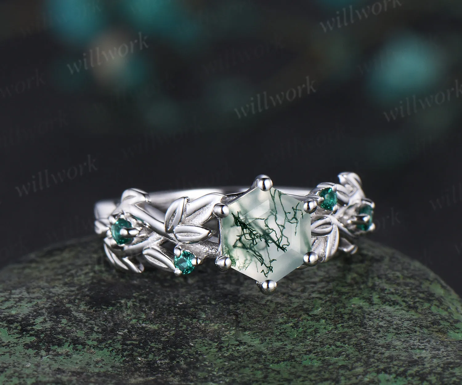 Hexagon cut moss agate ring vintage white gold leaf 6 prong engagement ring five stone emerald ring women retro anniversary gift sold by Willwork Jewelry product image thumbnail 3