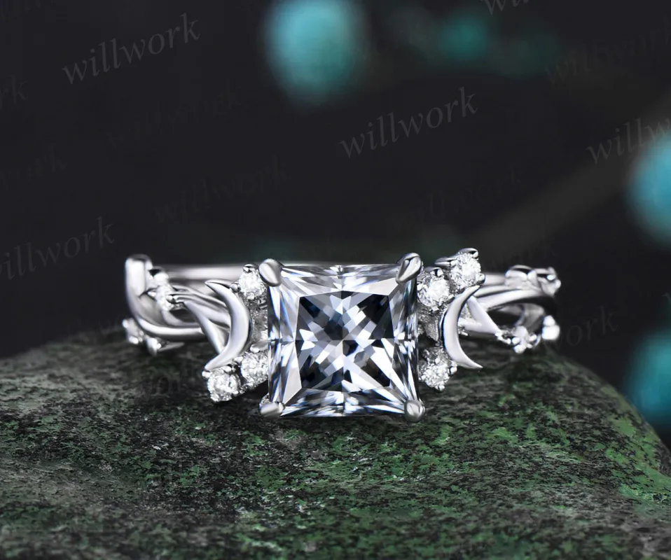 Princess cut gray moissanite ring vintage white gold diamond unique vine branch moon engagement ring infinity promise anniversary ring women gift made by Willwork Jewelry