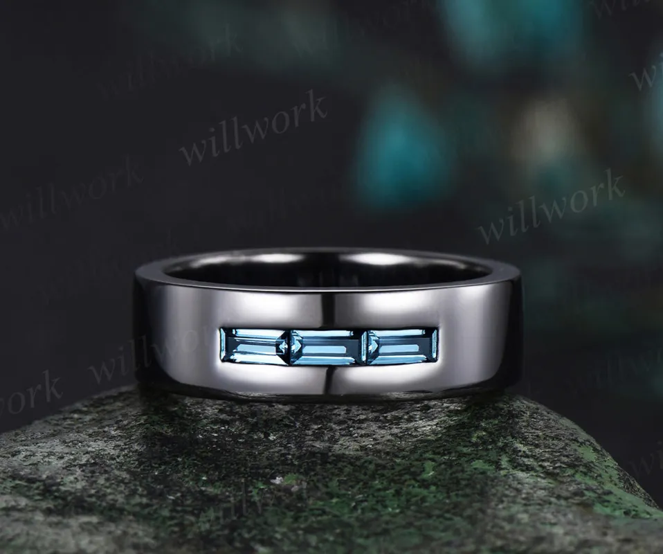 Baguette cut alexandrite wedding band men three stone mens wedding ring band black gold June birthstone ring anniversary gift sold by Willwork Jewelry