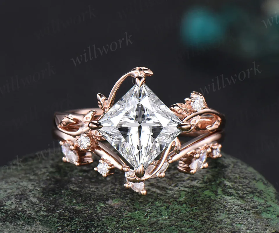 Princess cut moissanite ring vintage rose gold diamond twig leaf unique engagement ring set three stone promise ring women gift made by Willwork Jewelry