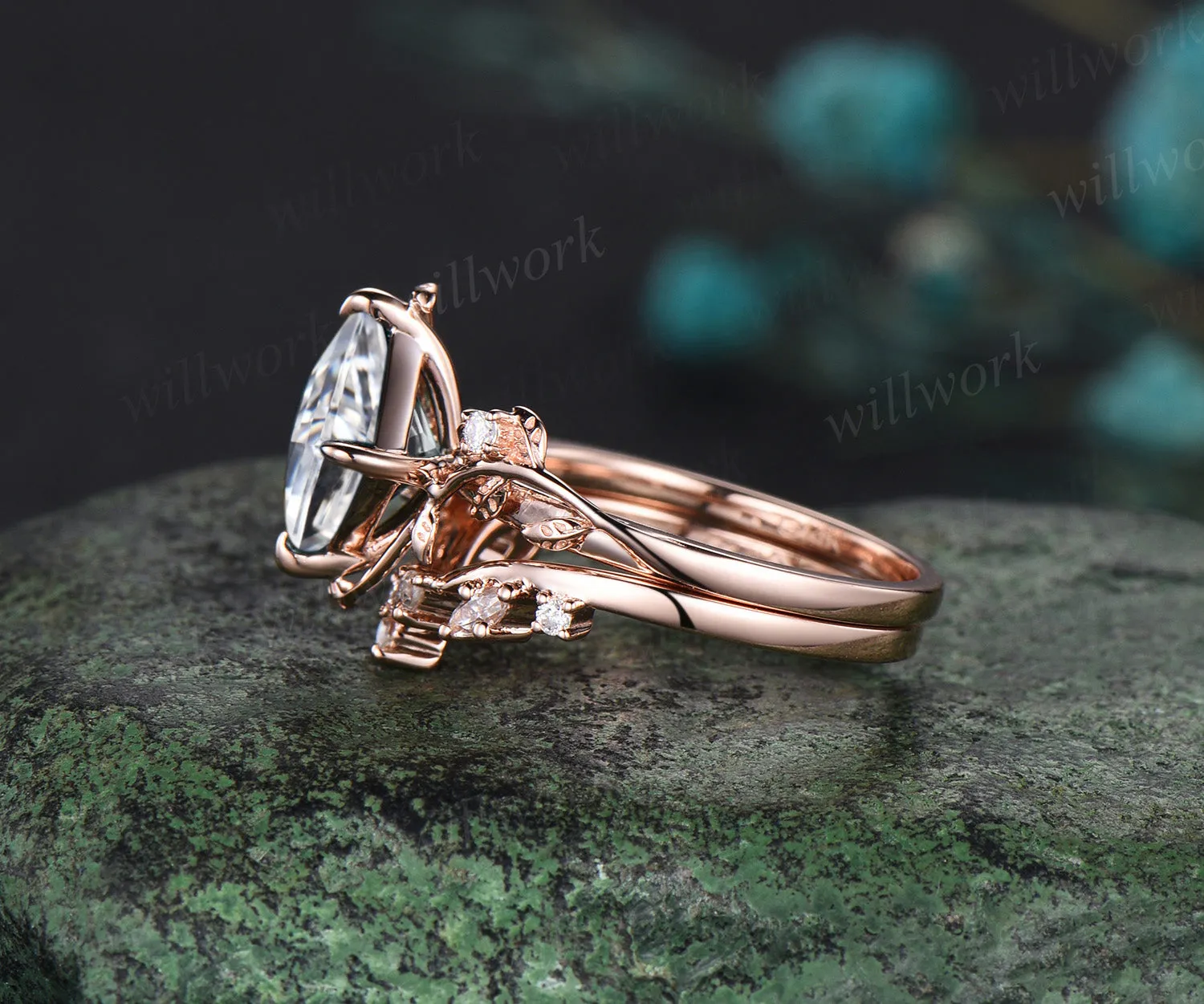Princess cut moissanite ring vintage rose gold diamond twig leaf unique engagement ring set three stone promise ring women gift sold by Willwork Jewelry product image thumbnail 5