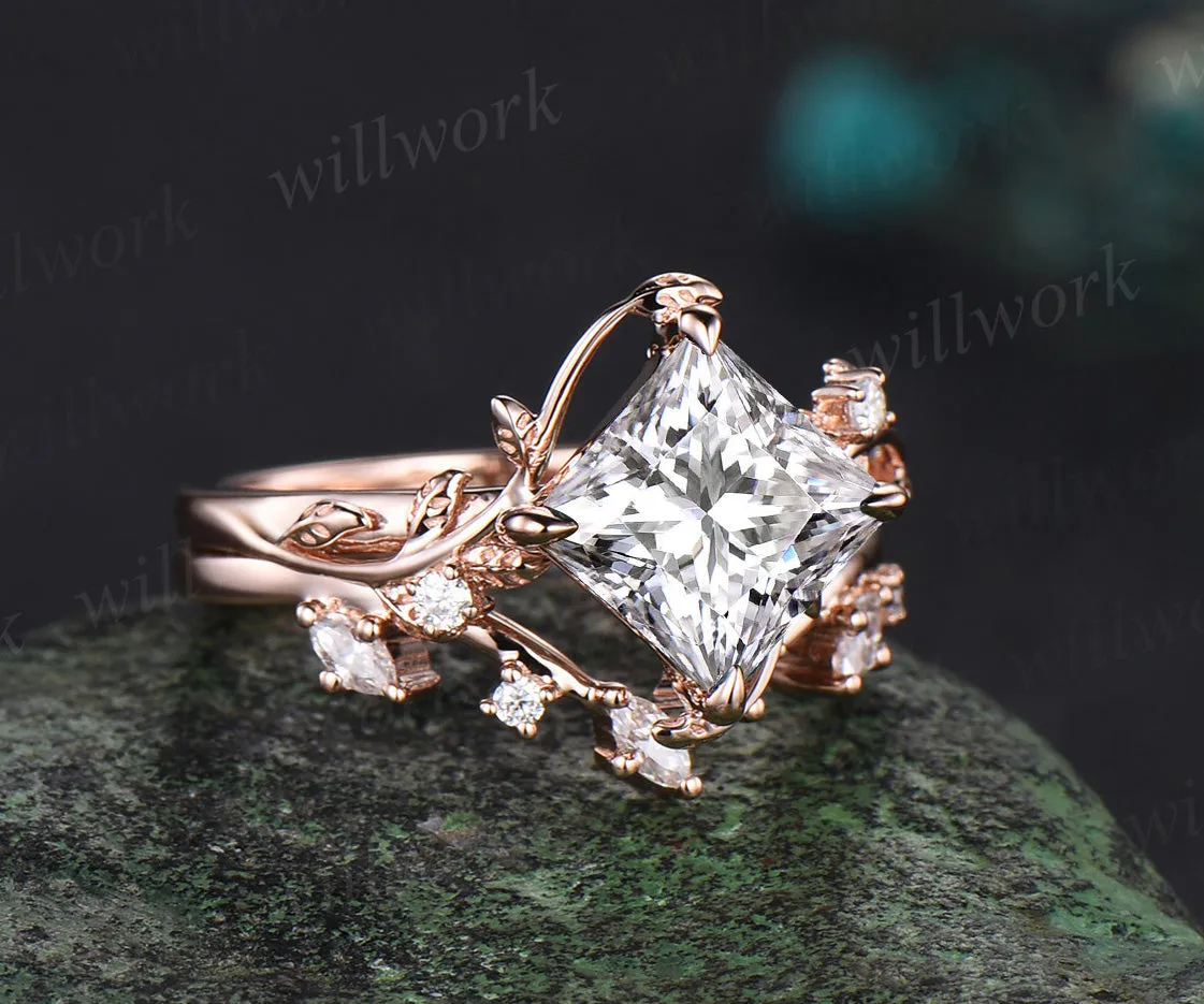 Princess cut moissanite ring vintage rose gold diamond twig leaf unique engagement ring set three stone promise ring women gift sold by Willwork Jewelry product image thumbnail 4