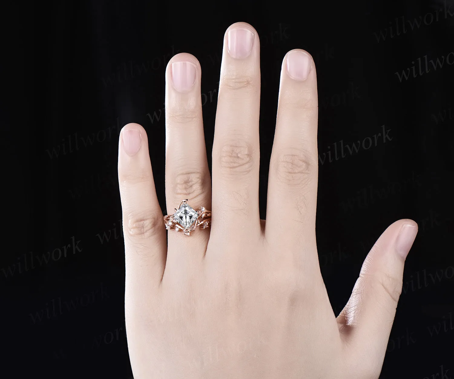 Princess cut moissanite ring vintage rose gold diamond twig leaf unique engagement ring set three stone promise ring women gift sold by Willwork Jewelry product image thumbnail 3