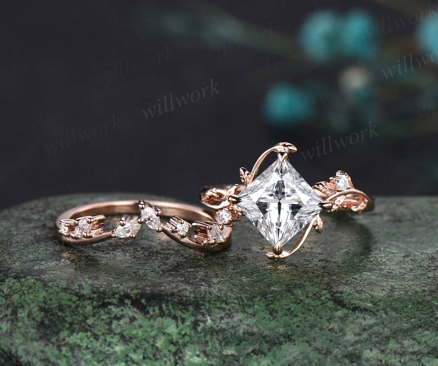 Princess cut moissanite ring vintage rose gold diamond twig leaf unique engagement ring set three stone promise ring women gift sold by Willwork Jewelry product image thumbnail 2