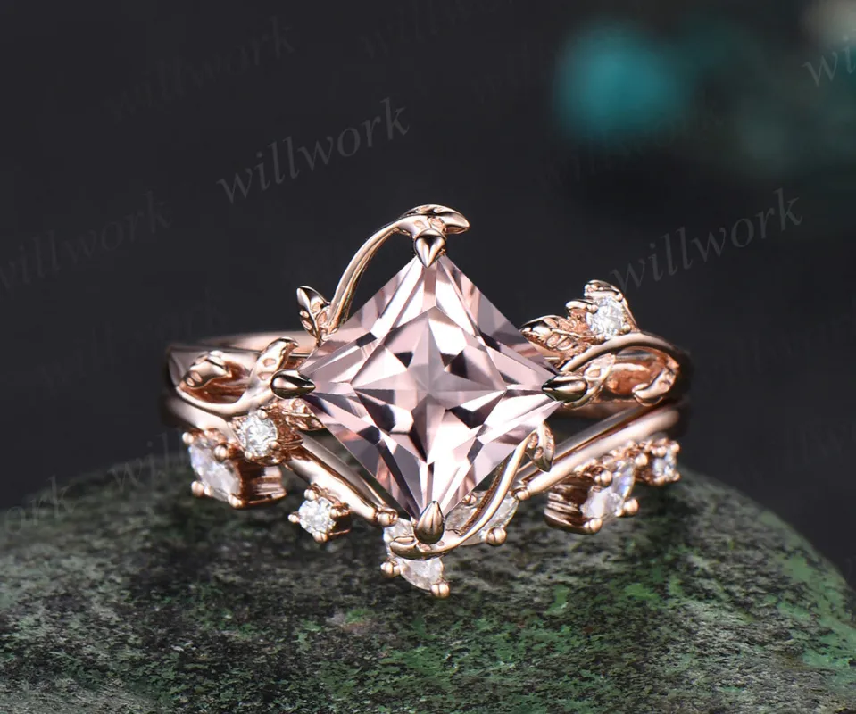Princess cut morganite ring vintage rose gold diamond twig leaf unique engagement ring set three stone anniversary ring women gift sold by Willwork Jewelry
