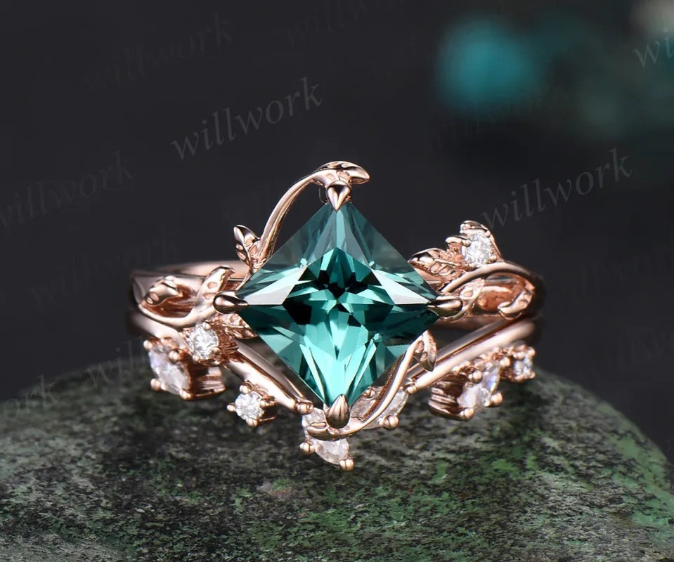 Princess cut green sapphire ring vintage rose gold diamond twig leaf unique engagement ring set three stone anniversary ring women gift made by Willwork Jewelry