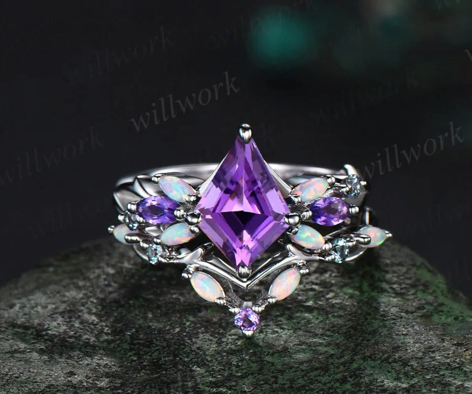 Vintage Kite Amethyst Engagement Ring Set White Gold Vines alexandrite Opal Ring Women Bridal Set Unique Twig Anniversary Promise Ring Gift sold by Willwork Jewelry