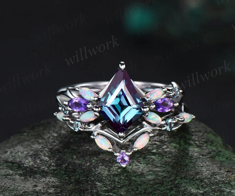 Vintage Kite Alexandrite Engagement Ring Set White Gold Vines Amethyst Opal Ring Women Bridal Set Unique Twig Anniversary Promise Ring Gift sold by Willwork Jewelry
