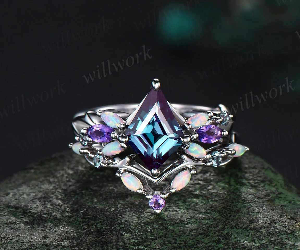 Vintage Kite Alexandrite Engagement Ring Set White Gold Vines Amethyst Opal Ring Women Bridal Set Unique Twig Anniversary Promise Ring Gift sold by Willwork Jewelry