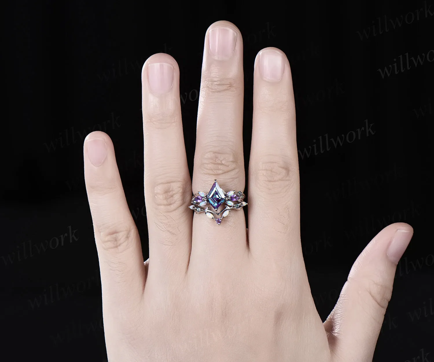 Vintage Kite Alexandrite Engagement Ring Set White Gold Vines Amethyst Opal Ring Women Bridal Set Unique Twig Anniversary Promise Ring Gift sold by Willwork Jewelry product image thumbnail 4