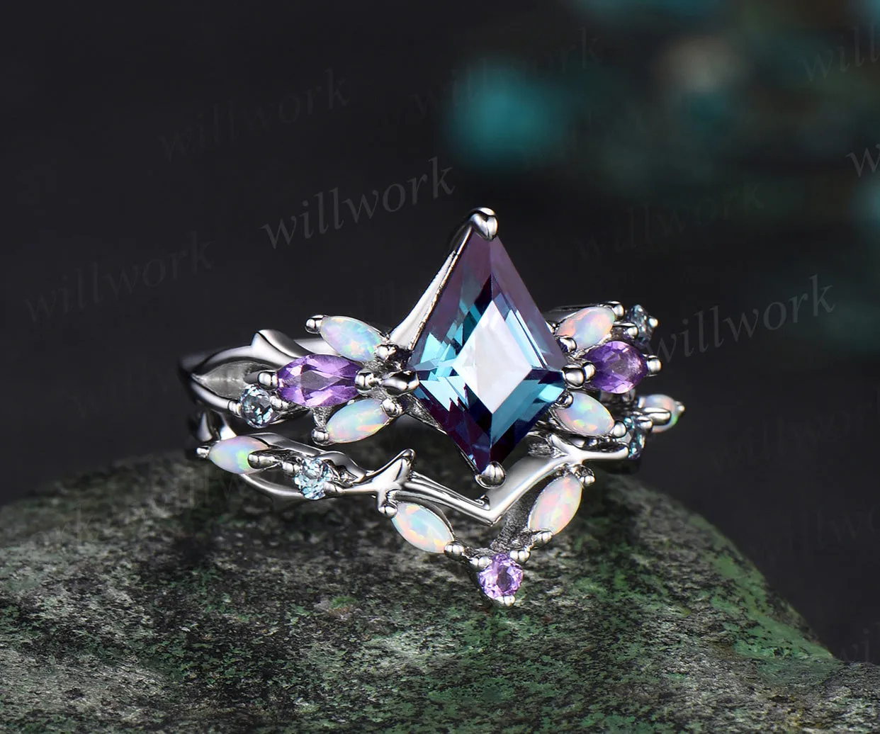 Vintage Kite Alexandrite Engagement Ring Set White Gold Vines Amethyst Opal Ring Women Bridal Set Unique Twig Anniversary Promise Ring Gift sold by Willwork Jewelry product image thumbnail 2