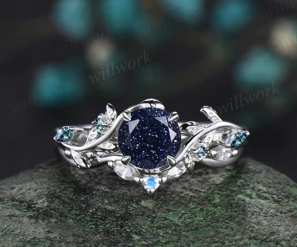 Round cut blue sandstone ring vintage white gold diamond branch leaf unique engagement ring set women alexandrite wedding ring sold by Willwork Jewelry