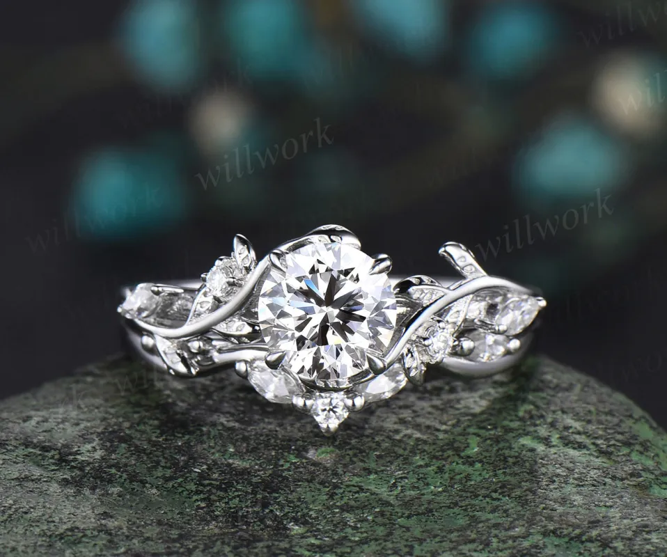 1ct round cut IGI Lab grown diamond engagement ring solid 14k 18k white gold branch leaf five stone promise wedding ring set women made by Willwork Jewelry