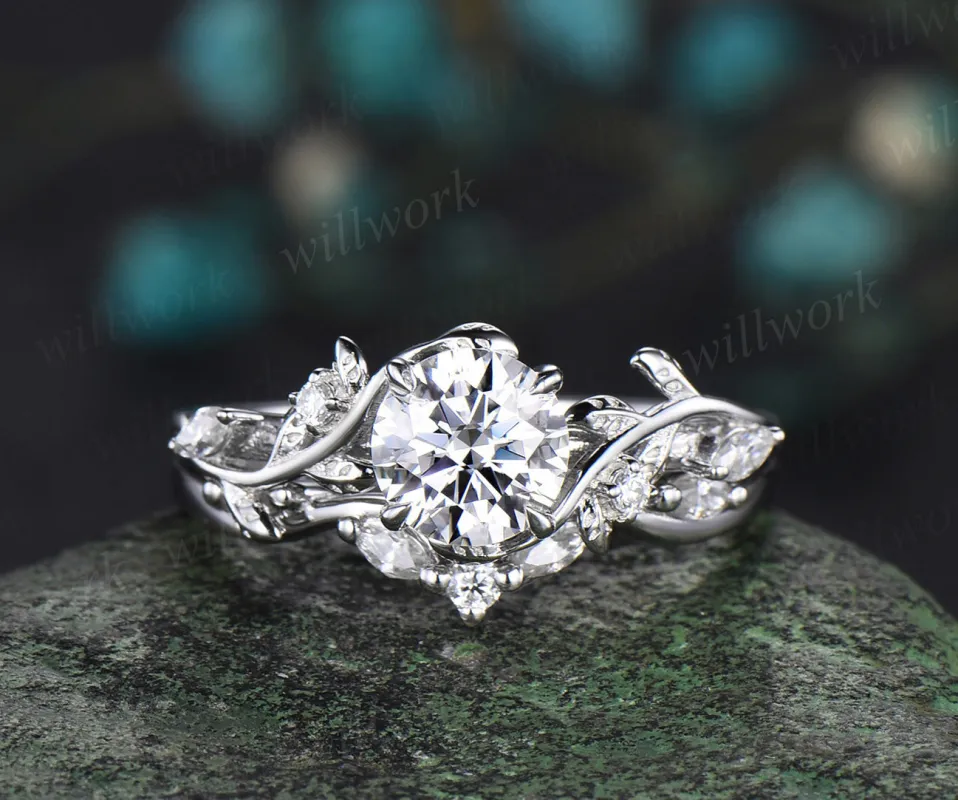 Round cut 1ct moissanite ring vintage white gold diamond branch leaf unique engagement ring set women wedding promise ring her sold by Willwork Jewelry