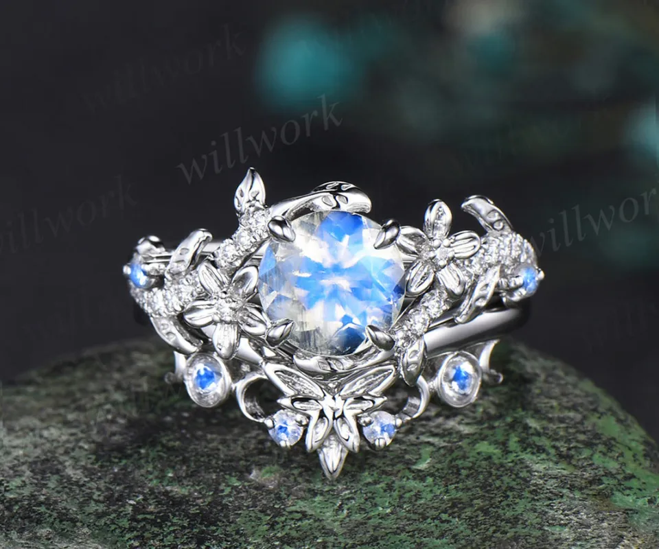 Vintage round cut moonstone engagement ring set 14k white gold leaf floral Celtic knot wedding anniversary ring set women sold by Willwork Jewelry