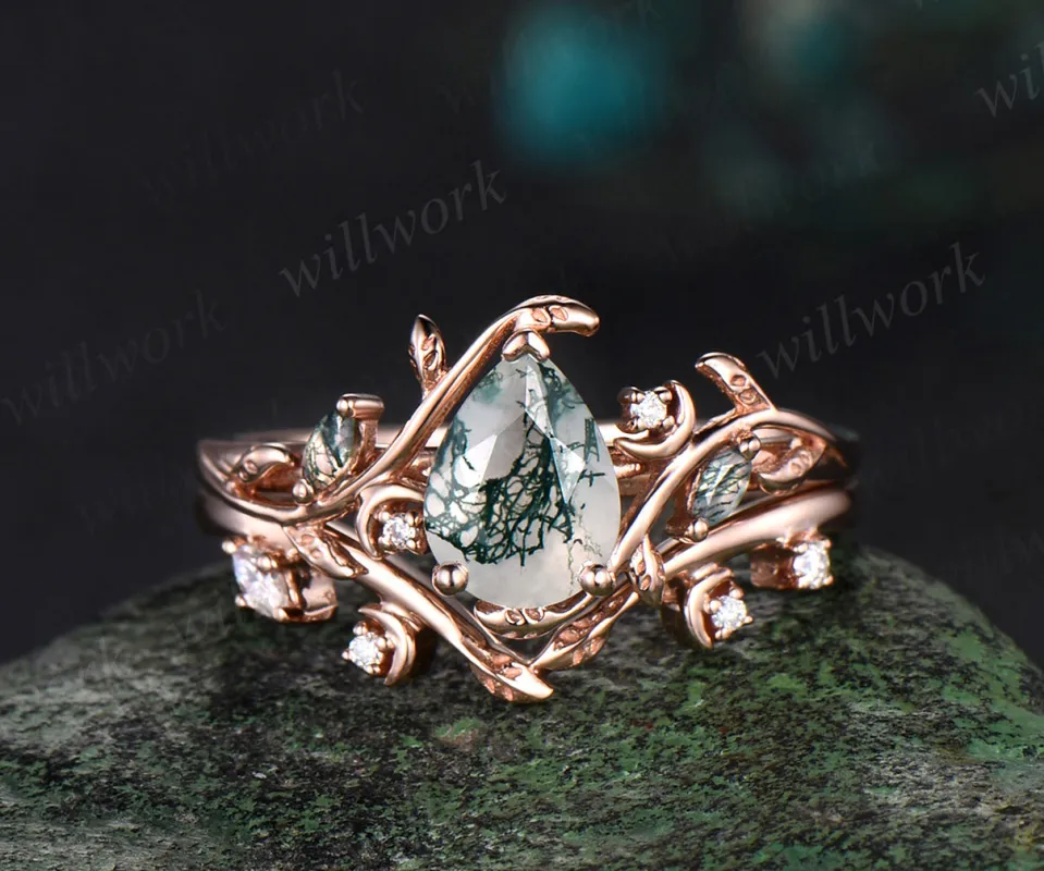 Pear cut moss agate ring vintage rose gold diamond leaf branch moon engagement ring women stacking bridal ring set jewelry sold by Willwork Jewelry