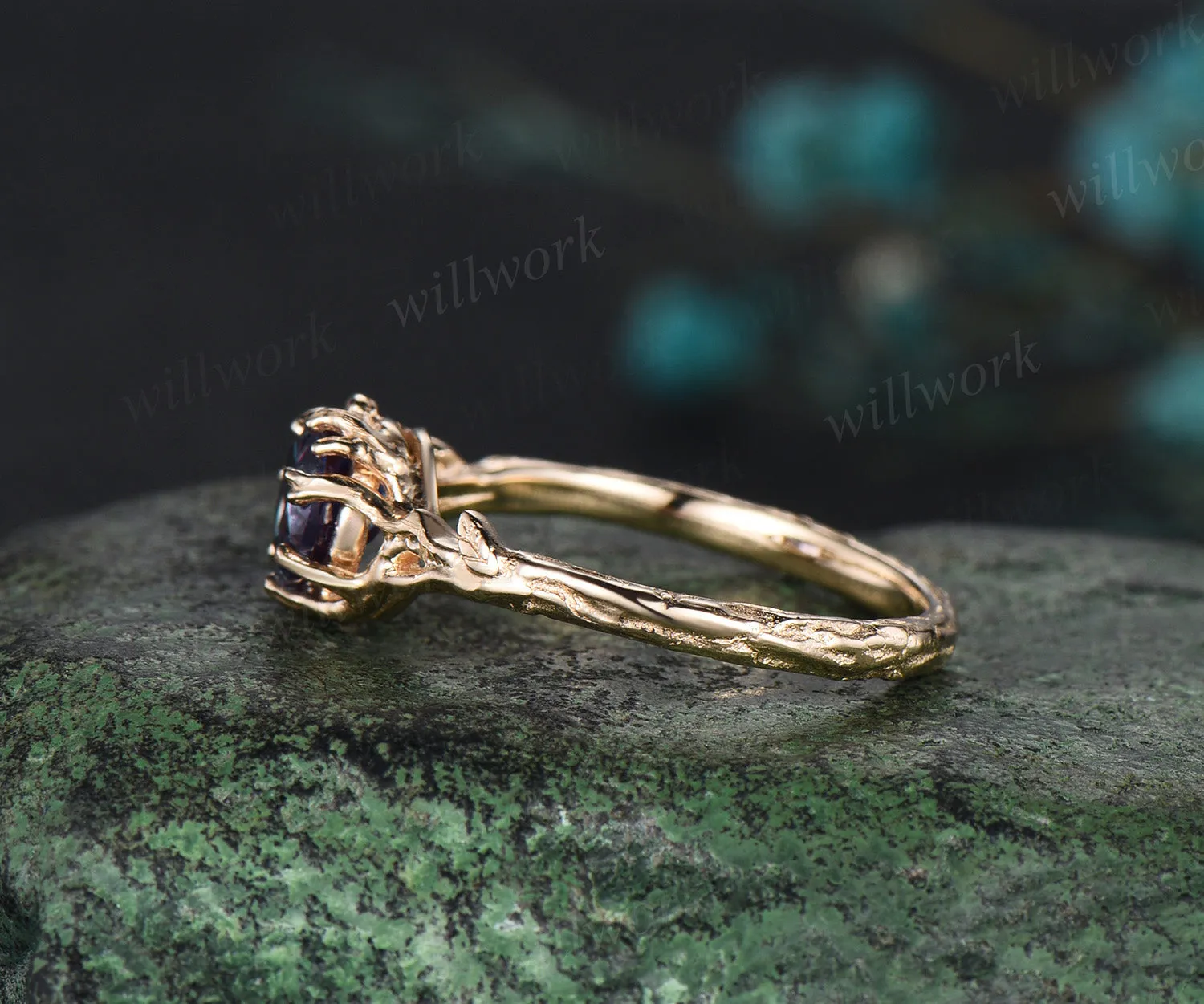 Nature Inspired Color-Change Alexandrite Solitaire Ring yellow gold Twig Vine Round Alexandrite Ring Tree Bark Nature Themed Wedding Ring sold by Willwork Jewelry product image thumbnail 2