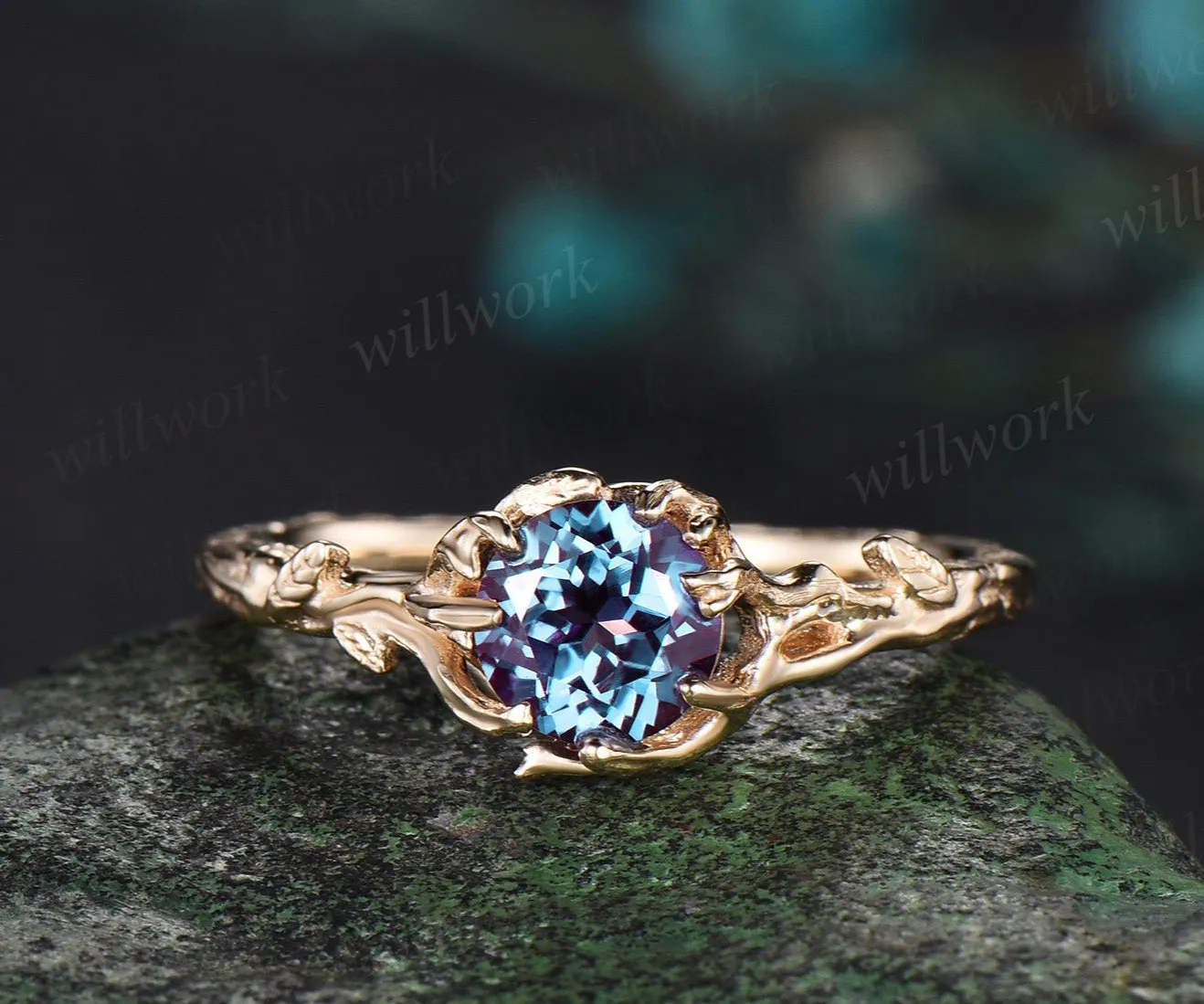 Nature Inspired Color-Change Alexandrite Solitaire Ring yellow gold Twig Vine Round Alexandrite Ring Tree Bark Nature Themed Wedding Ring sold by Willwork Jewelry