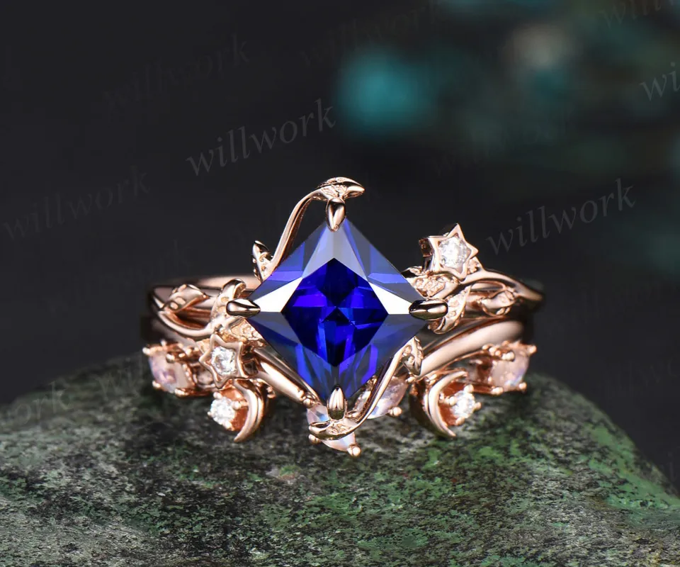 Vintage princess cut sapphire engagement ring set rose gold star leaf moon moonstone ring women unique bridal wedding ring set women sold by Willwork Jewelry