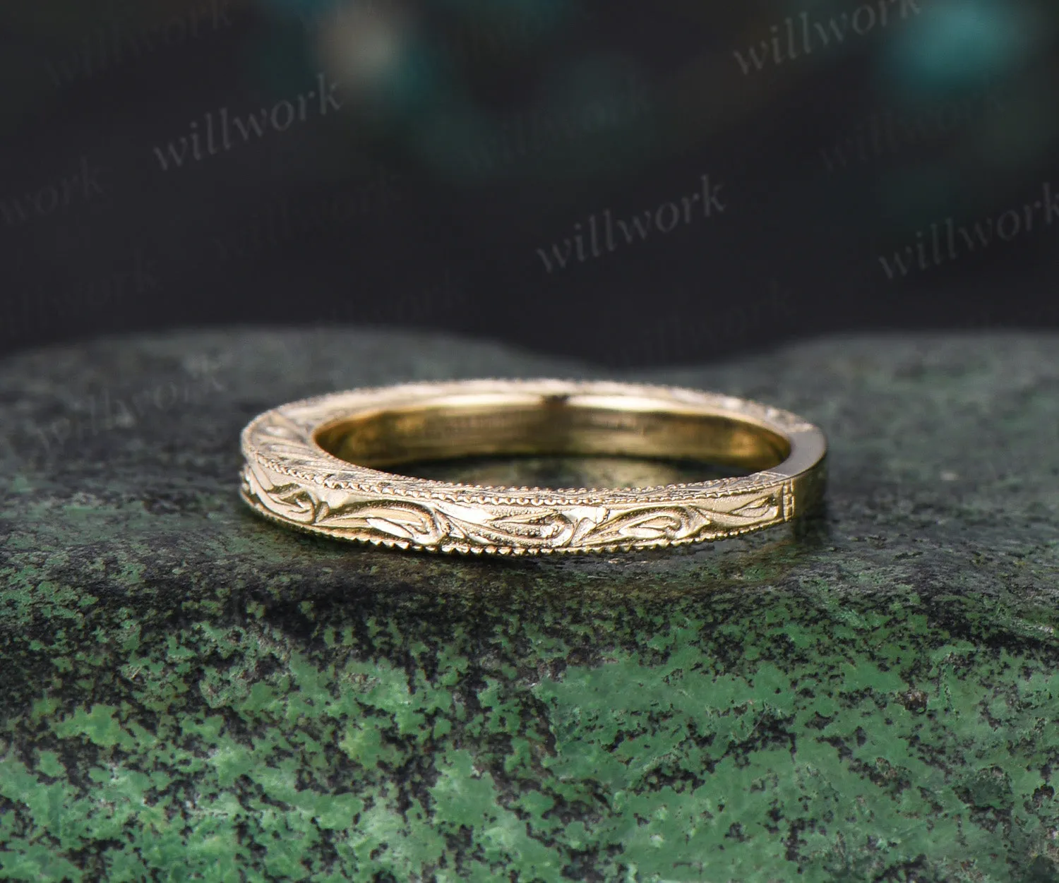 Filigree Milgrain Edge wedding band solid 14k yelllow gold Plain Floral Design Retro Vintage Anniversary Ring gift sold by Willwork Jewelry product image thumbnail 2