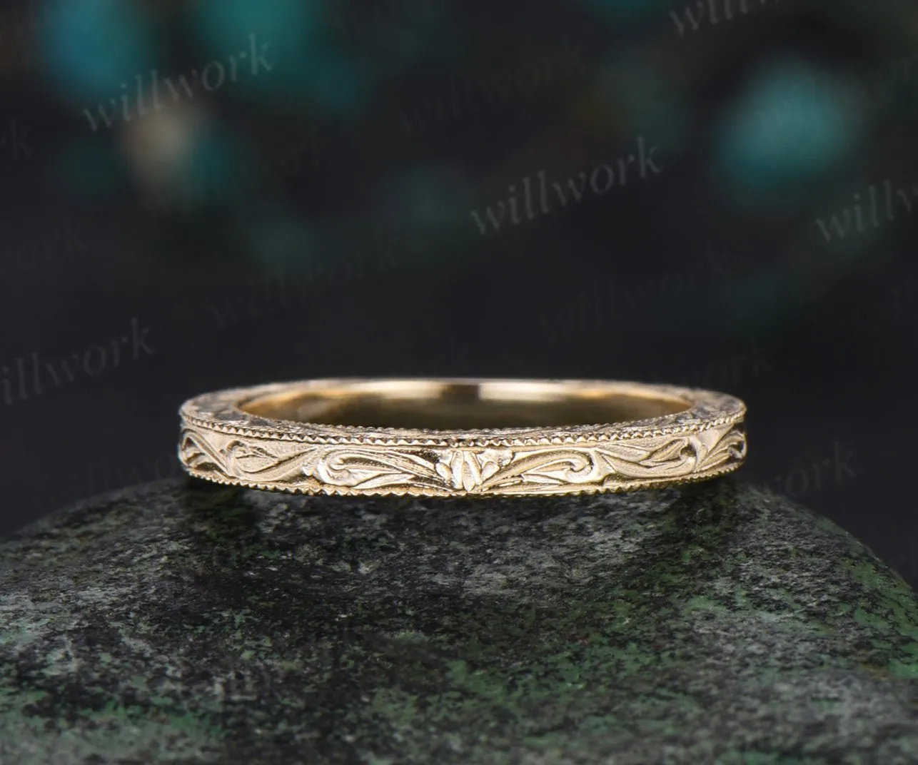 Filigree Milgrain Edge wedding band solid 14k yelllow gold Plain Floral Design Retro Vintage Anniversary Ring gift sold by Willwork Jewelry