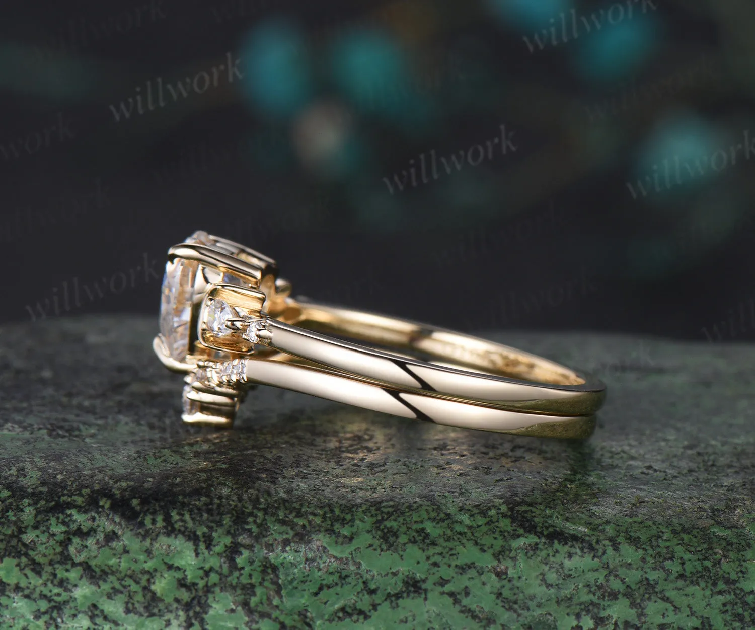 Heart shaped moissanite engagement ring set yellow gold five stone moon pear diamond promise wedding bridal ring set women jewelry sold by Willwork Jewelry product image thumbnail 3