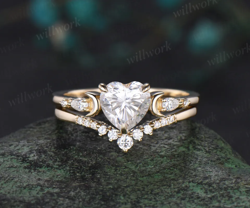 Heart shaped moissanite engagement ring set yellow gold five stone moon pear diamond promise wedding bridal ring set women jewelry sold by Willwork Jewelry