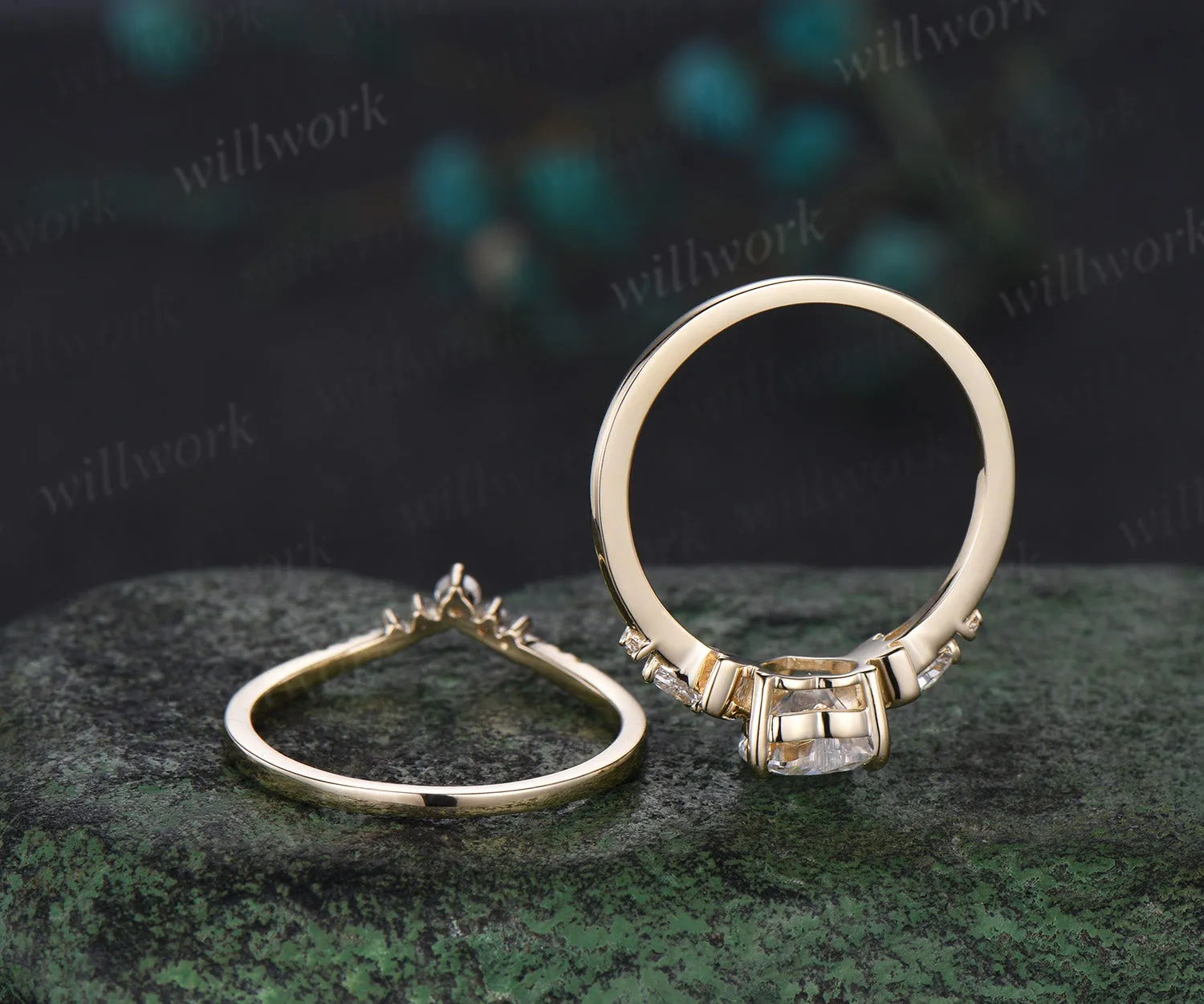 Heart shaped moissanite engagement ring set yellow gold five stone moon pear diamond promise wedding bridal ring set women jewelry sold by Willwork Jewelry product image thumbnail 4