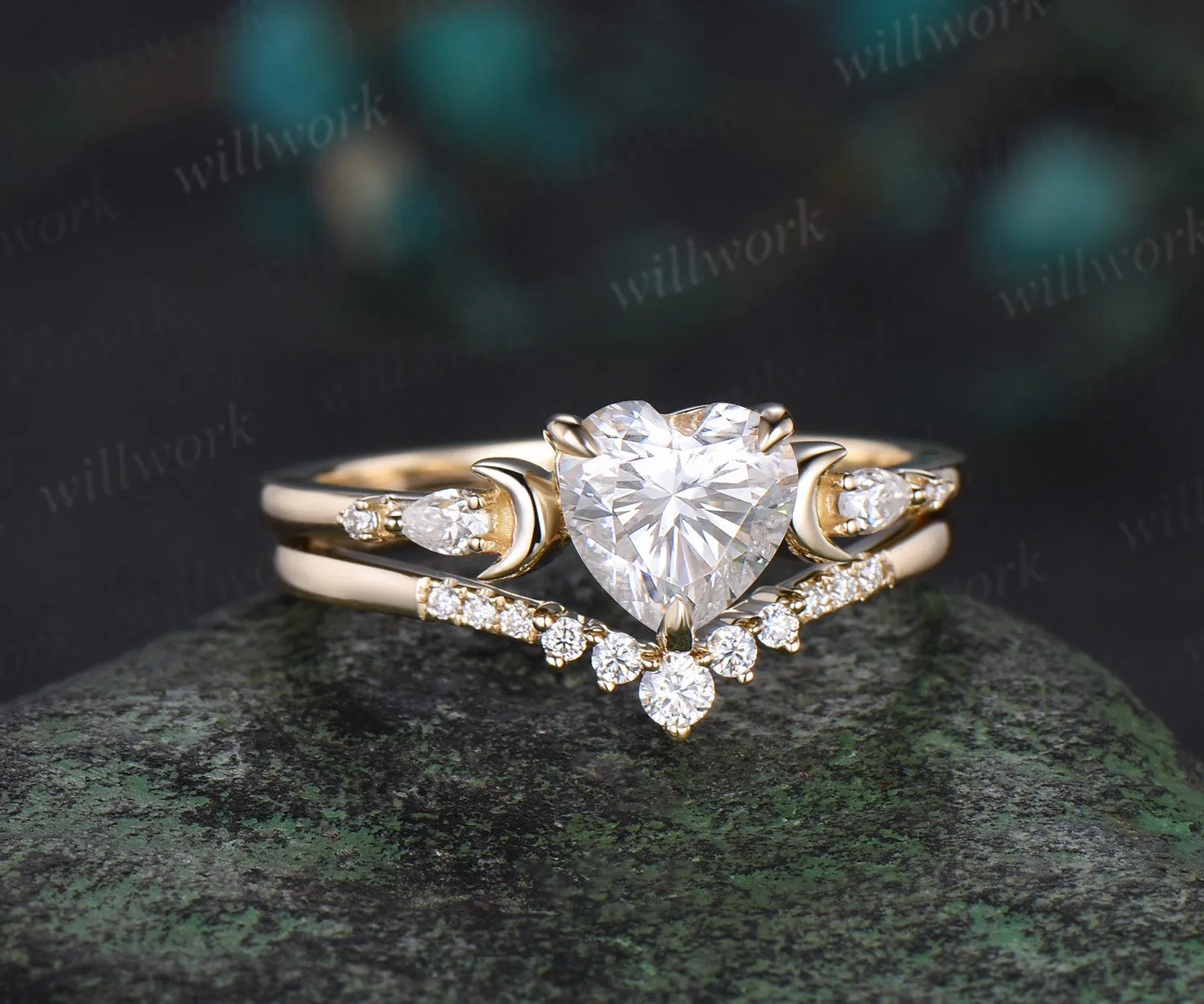 Heart shaped moissanite engagement ring set yellow gold five stone moon pear diamond promise wedding bridal ring set women jewelry sold by Willwork Jewelry product image thumbnail 2