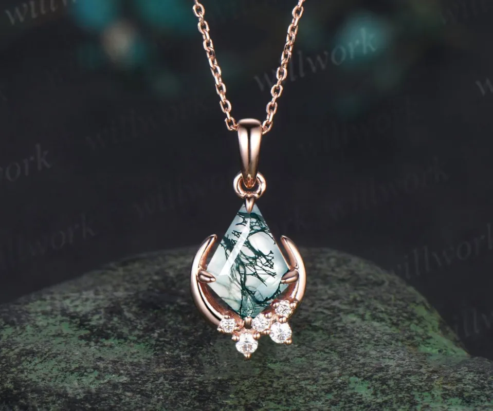 Vintage kite cut moss agate necklace rose gold cluster moon snowdrift diamond pendant women July birthstone anniversary gift sold by Willwork Jewelry